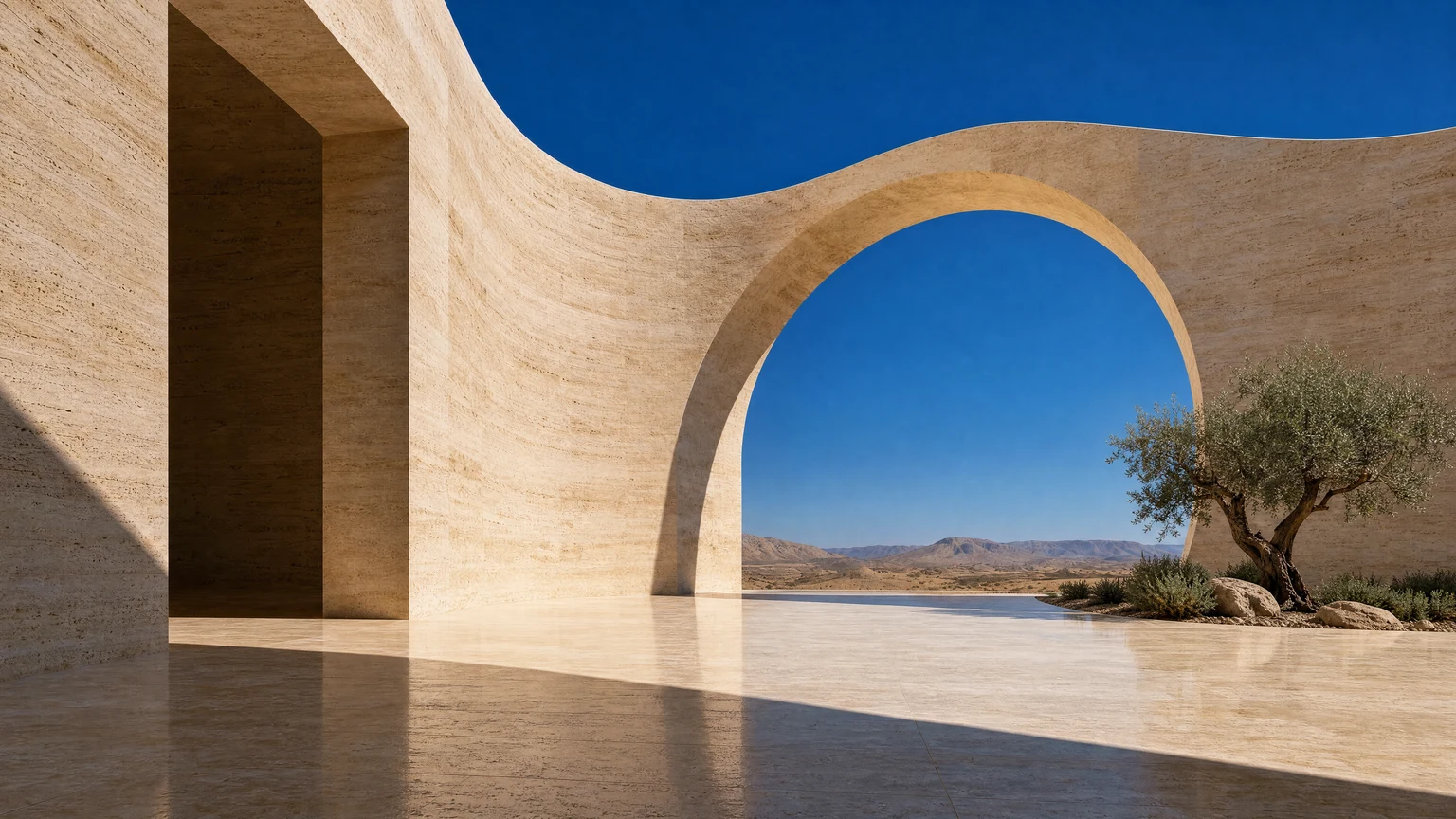 Imaginary travertine gallery arch under cobalt sky