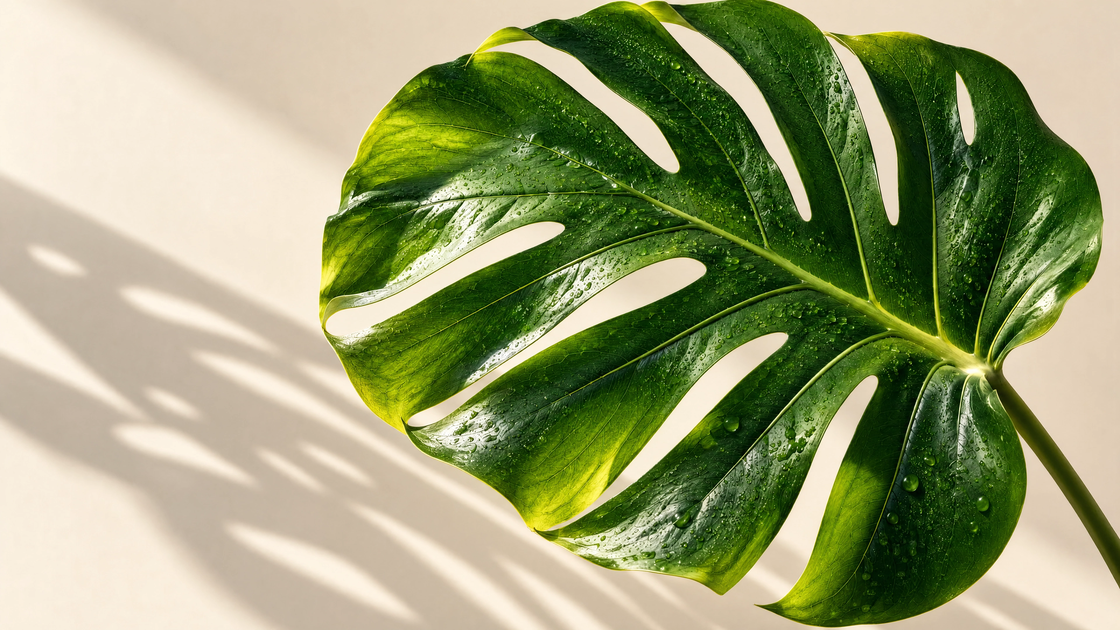 Rain-dappled green leaf in natural studio light