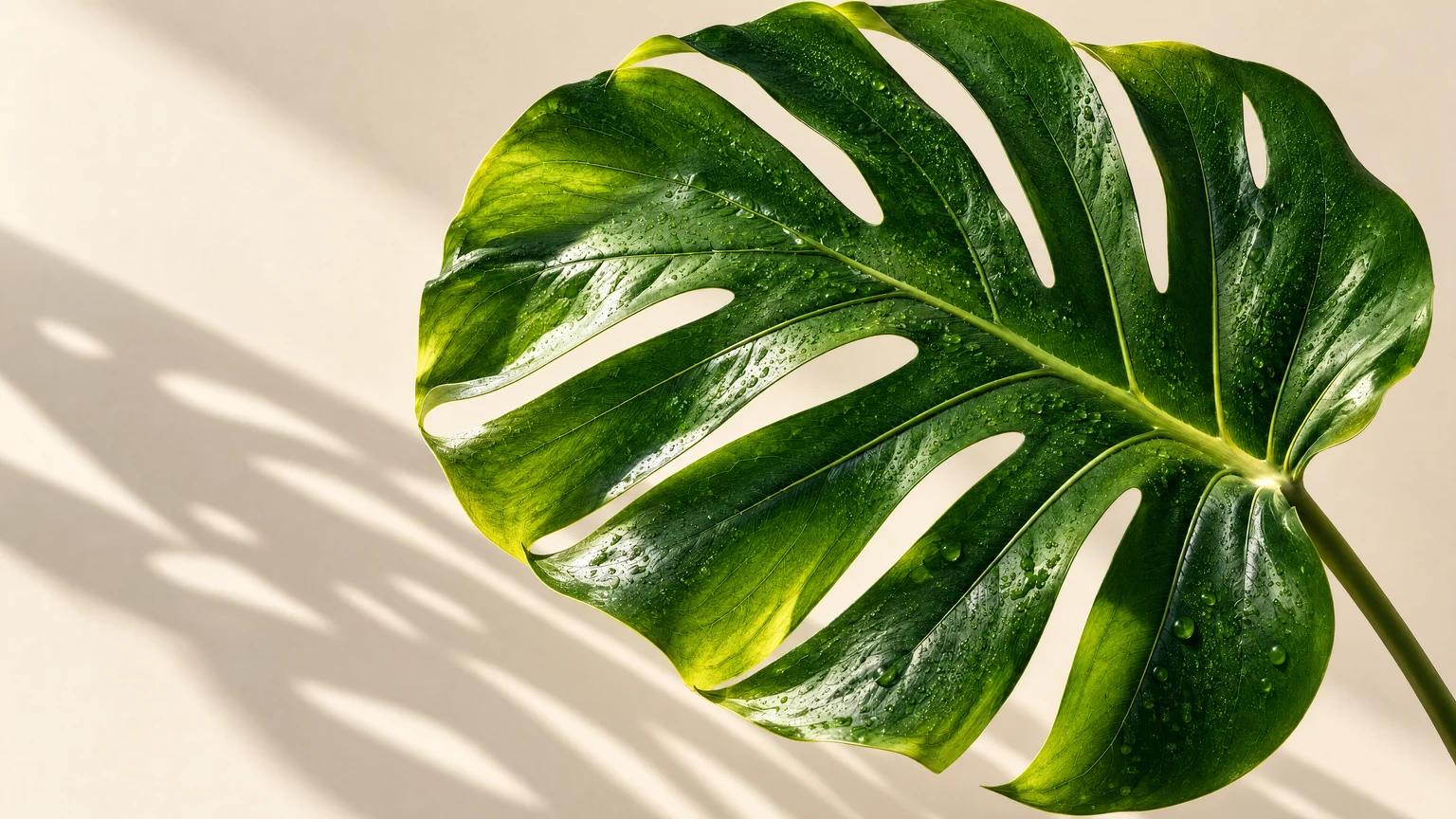 Rain-dappled green leaf in natural studio light