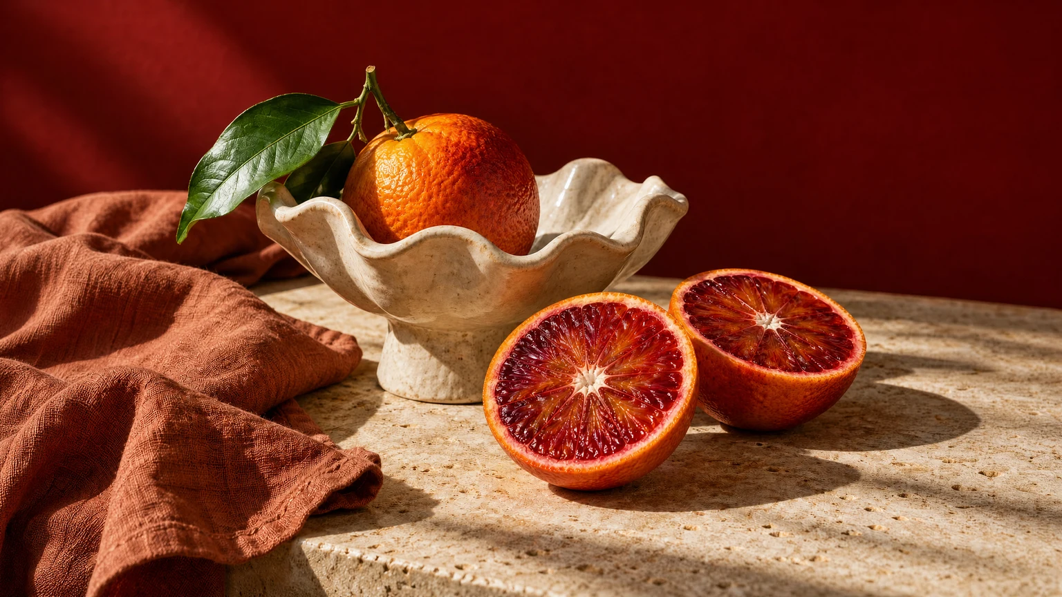 Blood oranges and sculptural ceramics on warm stone