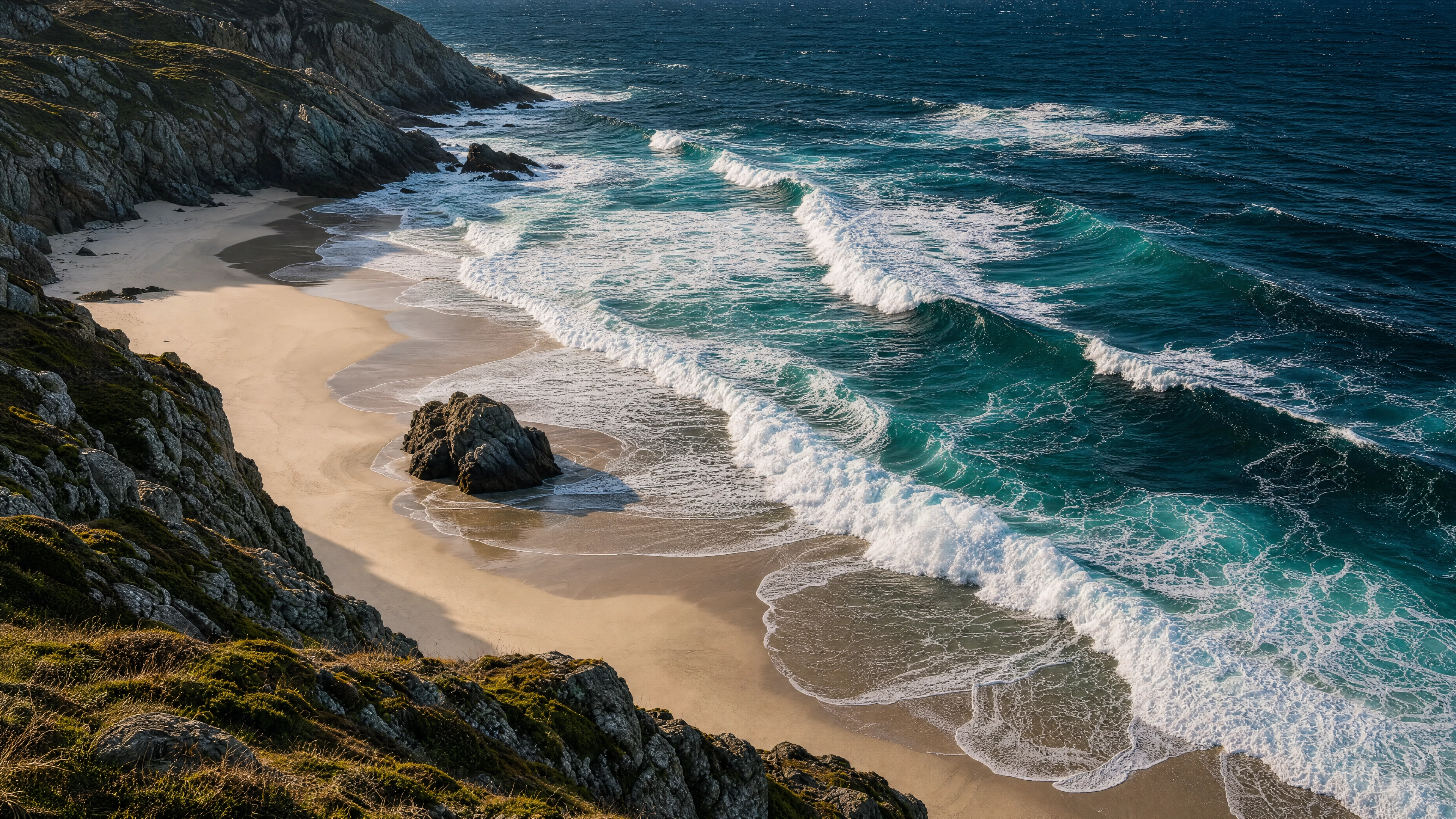 Atlantic waves and white foam crossing a sandy coast
