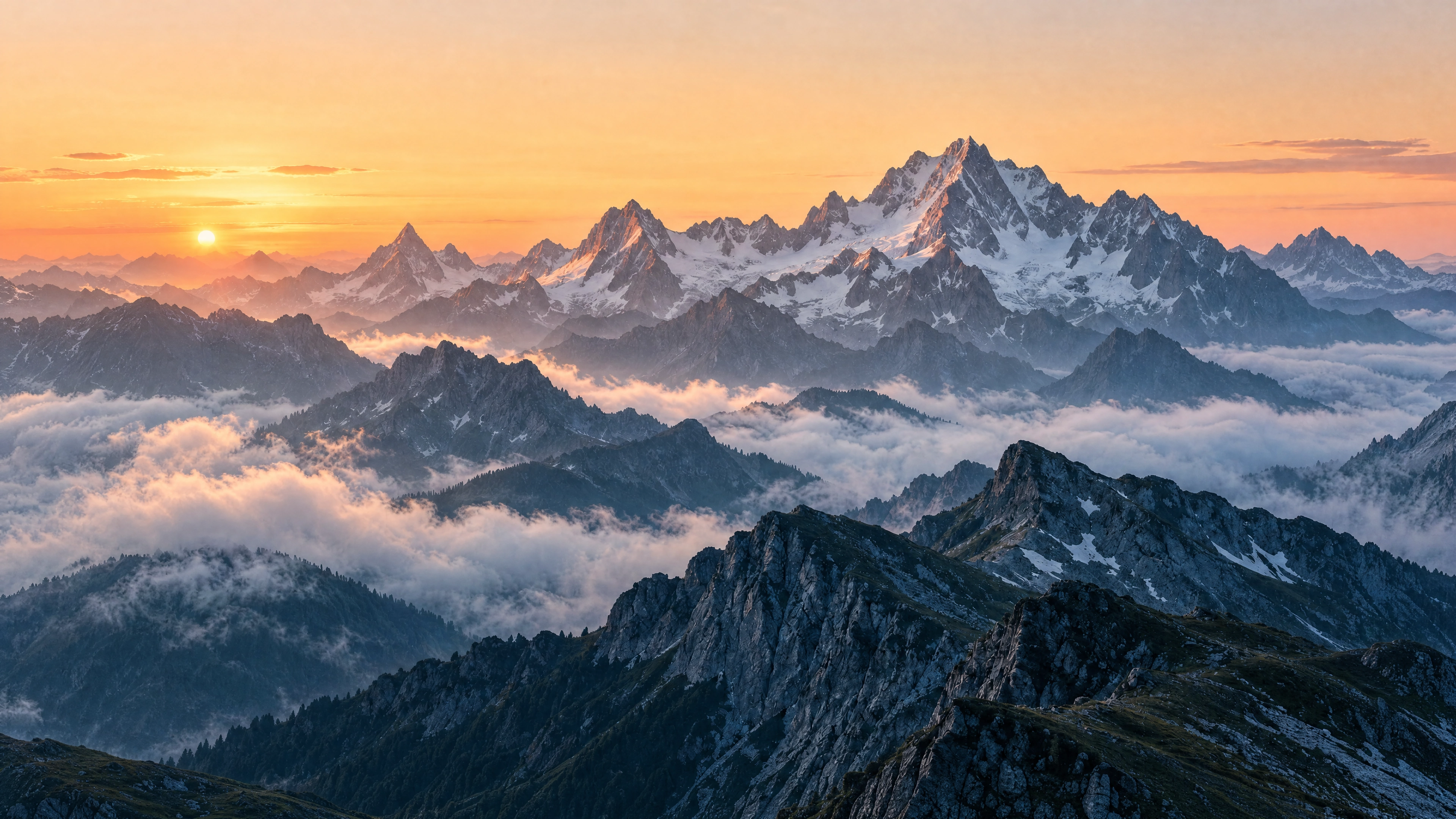Layered alpine peaks in apricot morning light