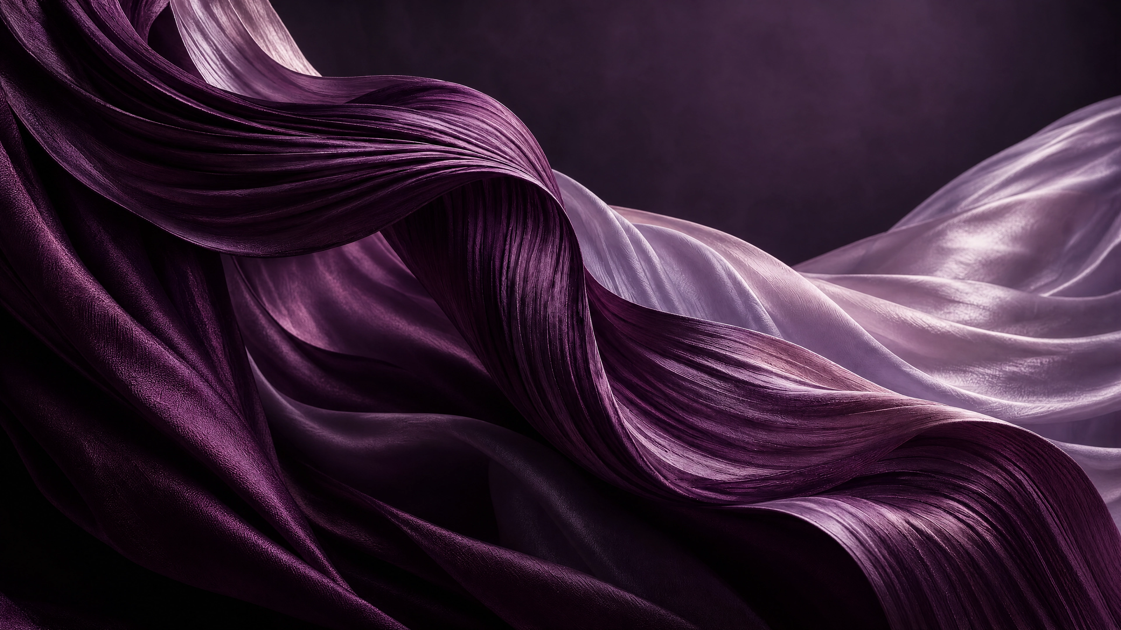 Sculptural pleats of plum and lavender silk
