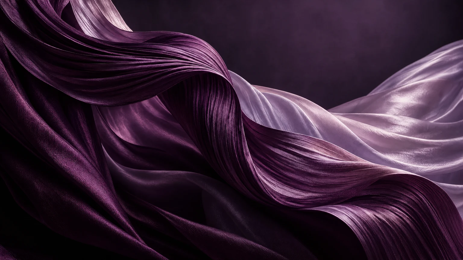 Sculptural pleats of plum and lavender silk