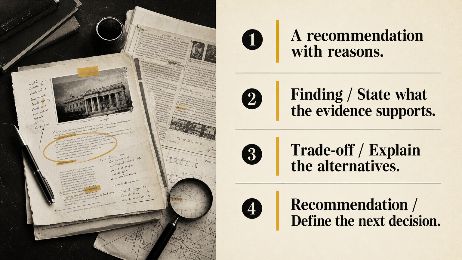 A recommendation with reasons. Finding / State what the evidence supports.
Trade-off / Explain the alternatives.
Recommendation / Define the next decision.