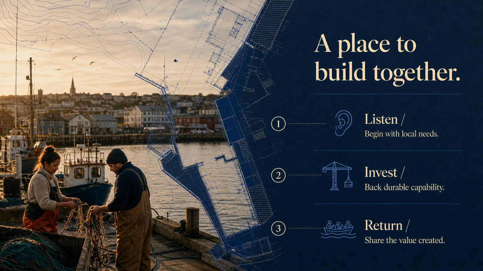 A place to build together. Listen / Begin with local needs.
Invest / Back durable capability.
Return / Share the value created.
