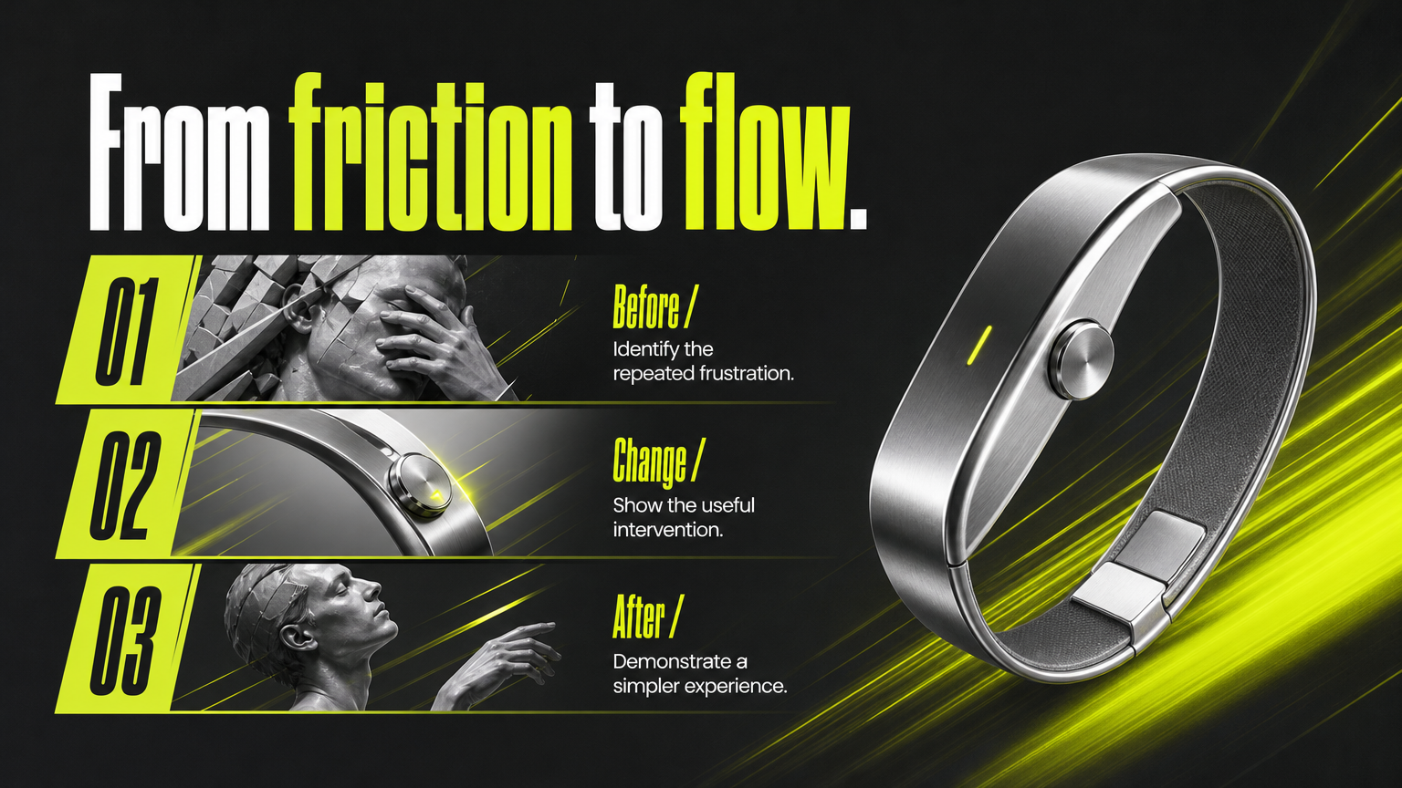 From friction to flow. Before / Identify the repeated frustration.
Change / Show the useful intervention.
After / Demonstrate a simpler experience.