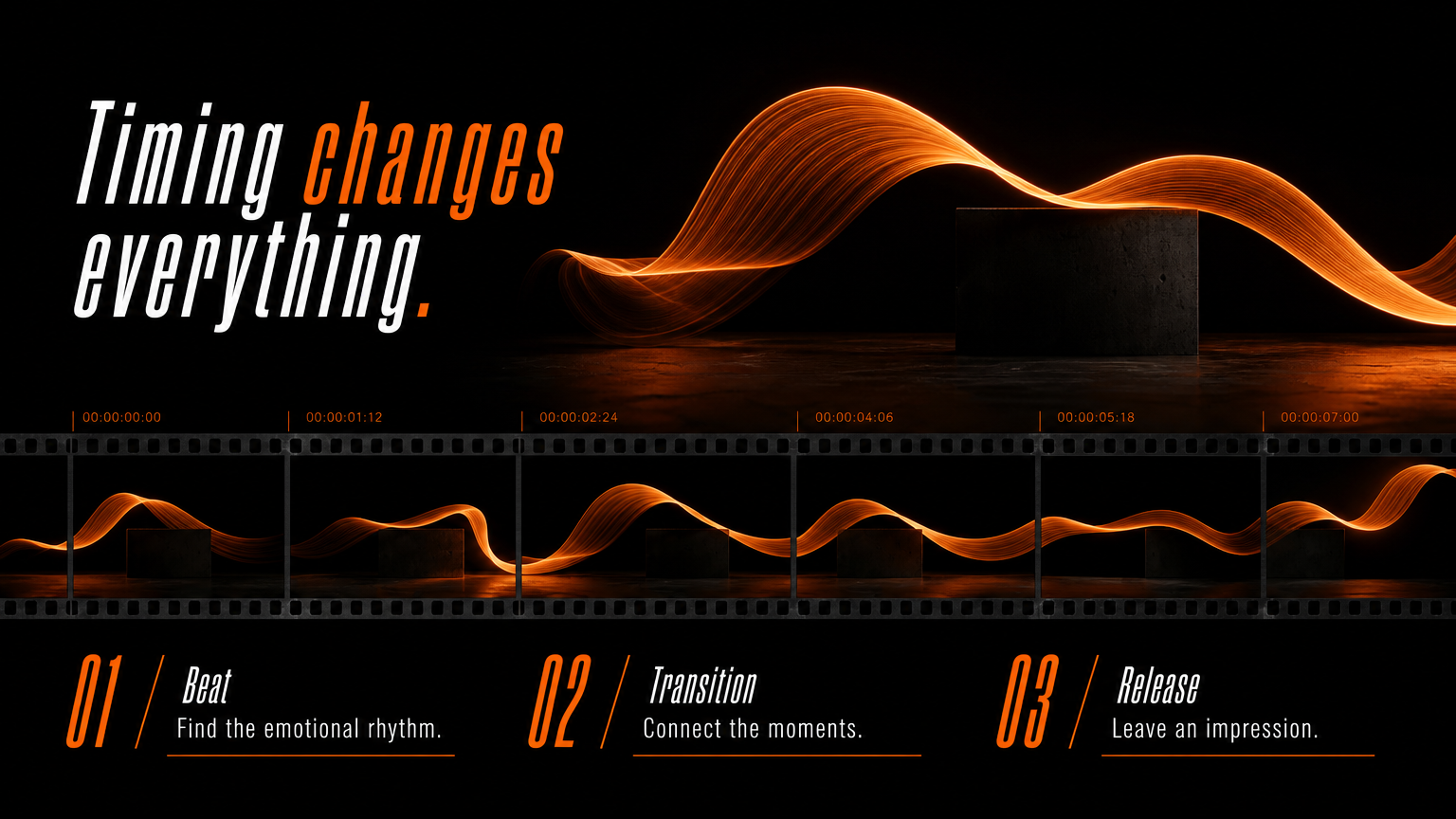 Timing changes everything. Beat / Find the emotional rhythm.
Transition / Connect the moments.
Release / Leave an impression.