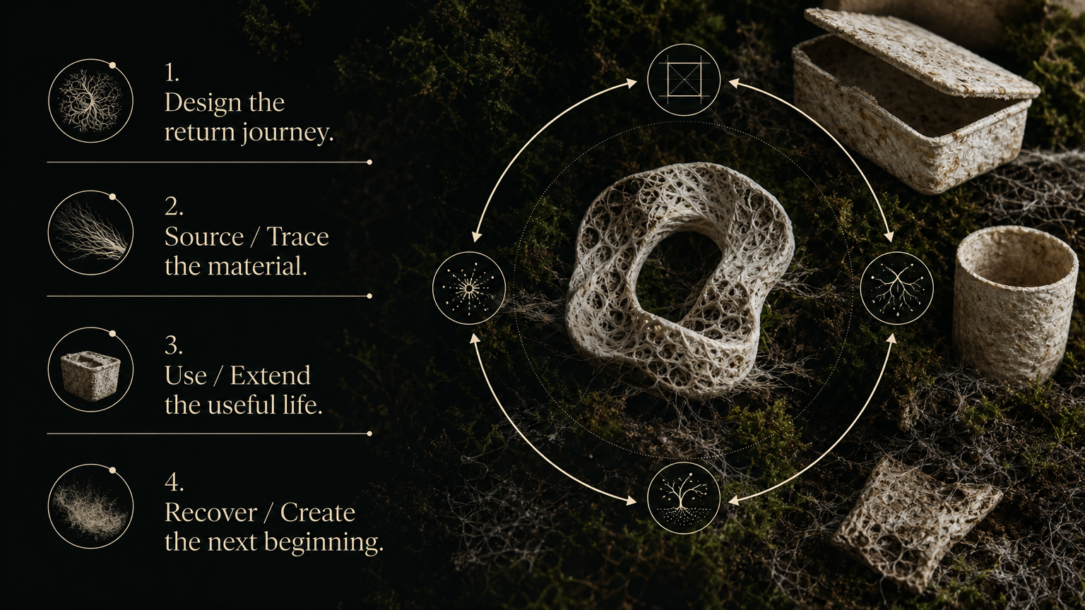 Design the return journey. Source / Trace the material.
Use / Extend the useful life.
Recover / Create the next beginning.