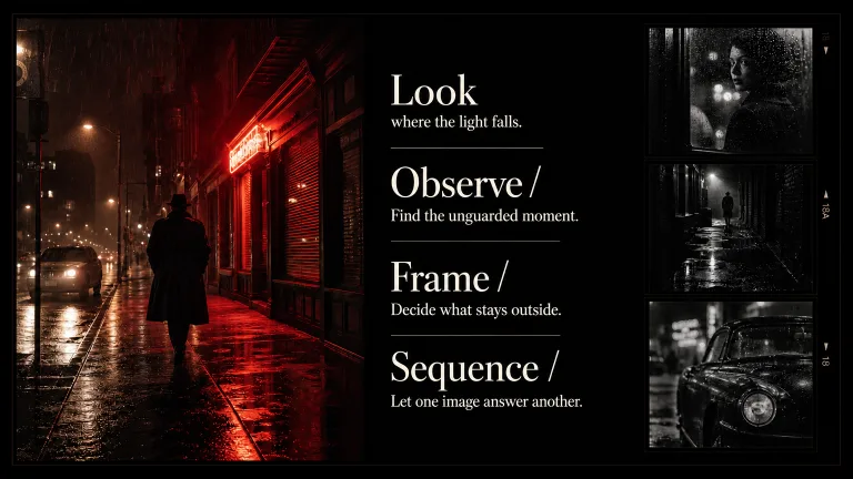 Look where the light falls. Observe / Find the unguarded moment.
Frame / Decide what stays outside.
Sequence / Let one image answer another.