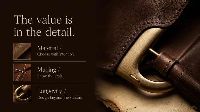 The value is in the detail. Material / Choose with intention.
Making / Show the craft.
Longevity / Design beyond the season.