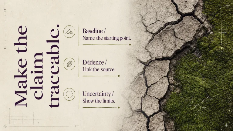 Make the claim traceable. Baseline / Name the starting point.
Evidence / Link the source.
Uncertainty / Show the limits.