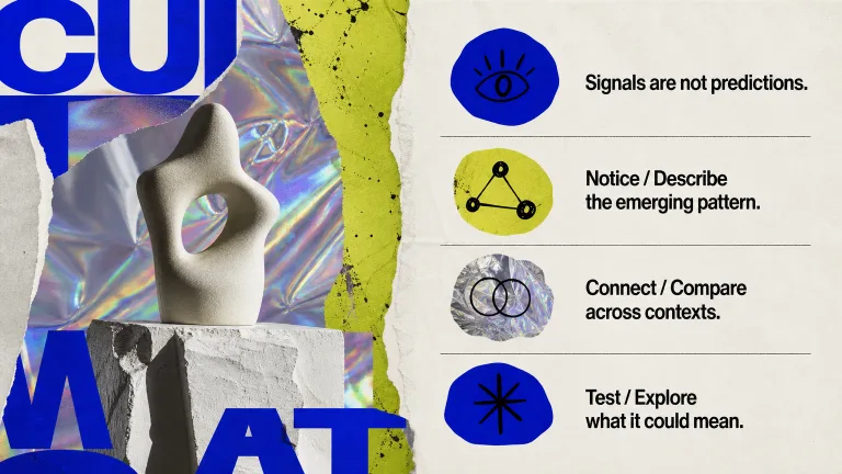 Signals are not predictions. Notice / Describe the emerging pattern.
Connect / Compare across contexts.
Test / Explore what it could mean.