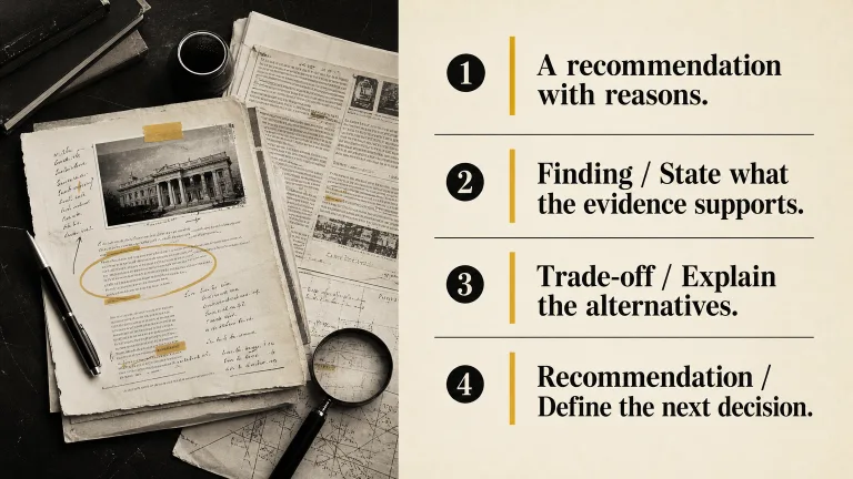 A recommendation with reasons. Finding / State what the evidence supports.
Trade-off / Explain the alternatives.
Recommendation / Define the next decision.