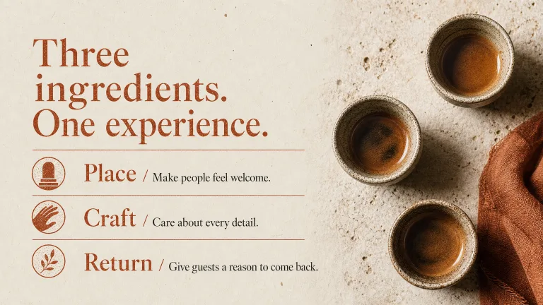 Three ingredients. One experience. Place / Make people feel welcome.
Craft / Care about every detail.
Return / Give guests a reason to come back.