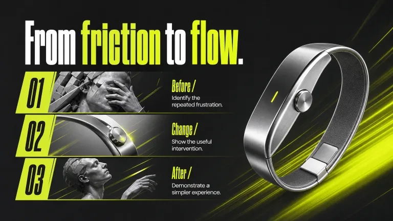 From friction to flow. Before / Identify the repeated frustration.
Change / Show the useful intervention.
After / Demonstrate a simpler experience.