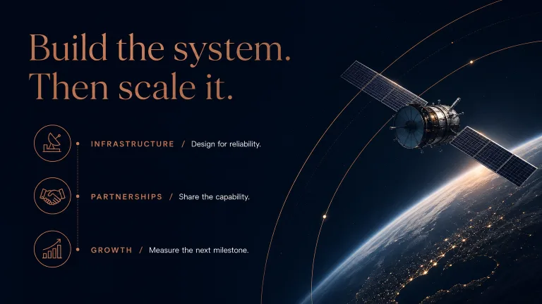 Build the system. Then scale it. Infrastructure / Design for reliability.
Partnerships / Share the capability.
Growth / Measure the next milestone.